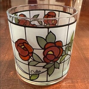 1970's Cutler Red Rose & Vine Short Glass Stained-Glass Style